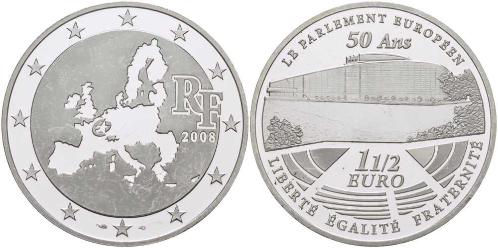 Франция 1 1/2 евро 2008 50 лет Европейскому парламенту KM 1532 серебро PROOF 1076-5-53