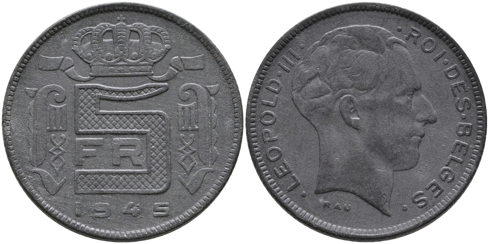 БЕЛЬГИЯ 5 ФРАНКОВ 1945 BELGES, ГЕРМАНСКАЯ ОККУПАЦИЯ, ВТОРАЯ МИРОВАЯ ВОЙНА KM 129.1 цинк 93-1153