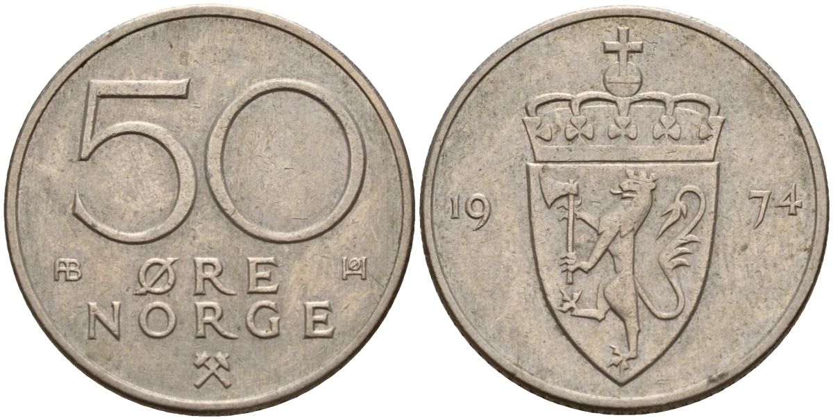 Норвегия 50 эре 1974 Улаф V (1957-1991) KM 418 медно-никель 4152-461