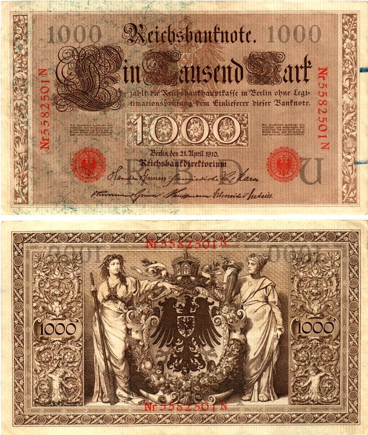 Германия 1000 марок 1910 Pick 44b бумага 7547-41-2-2