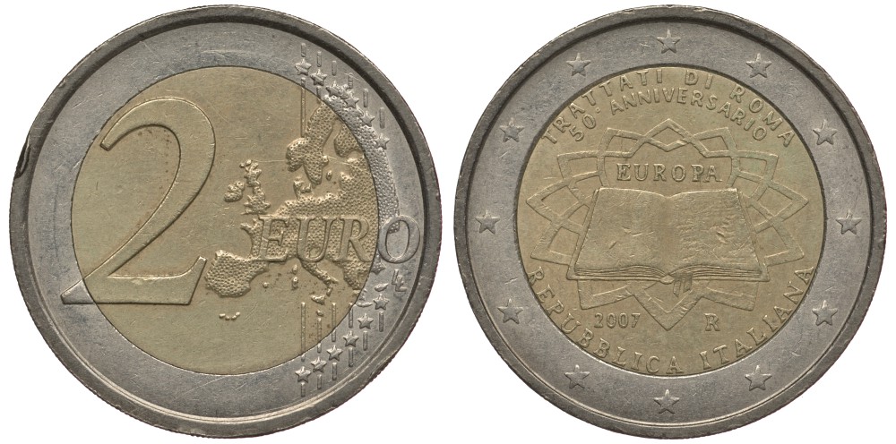 ИТАЛИЯ 2 ЕВРО 2007 50 ЛЕТ РИМСКОМУ ДОГОВОРУ KM 311 биметалл 4384-711