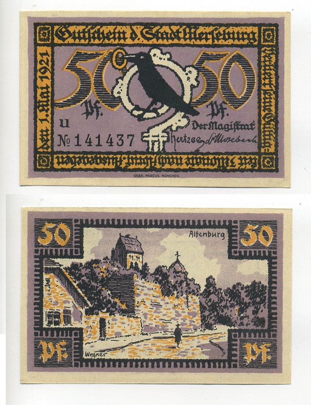 МЕРЗЕБУРГ 50 ПФЕННИГОВ 1921 НОТГЕЛЬД, 1 МАЯ 1921, ЗЕМЛЯ САКСОНИЯ-АНХАЛЬТ, БУКВА U Grabowski 884.2b бумага 7217-52-5