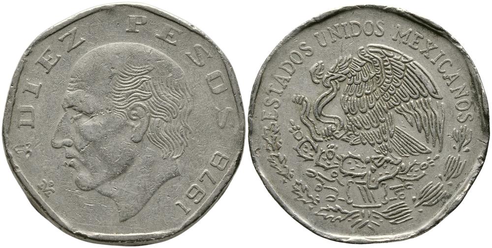 МЕКСИКА 10 ПЕСО 1978 МАНУЭЛЬ ХИДАЛЬГО КАСТИЛЬЯ KM 477.2 медно-никель 114-812