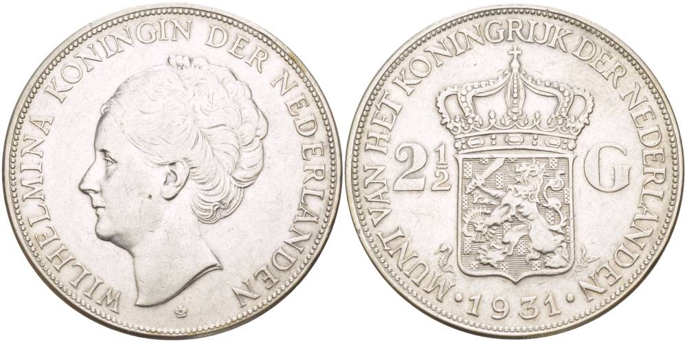 Нидерланды 2 1/2 гульдена 1931 Вильгельмина I (1890-1948) KM 165 серебро 00-00