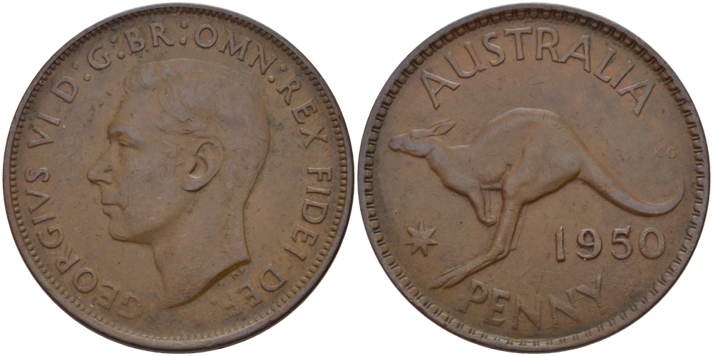 АВСТРАЛИЯ 1 ПЕННИ 1950 m, ГЕОРГ VI (1936-1952), КЕНГУРУ KM 43 бронза 82-746