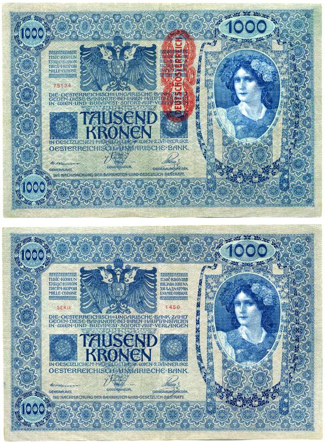АВСТРИЯ 1000 КРОН 1919 ВЕНА, 2 ЯНВАРЯ 1902, КРАСНАЯ ВЕРТИКАЛЬНАЯ НАДПЕЧАТКА Pick 59 бумага XF 8607-40-1