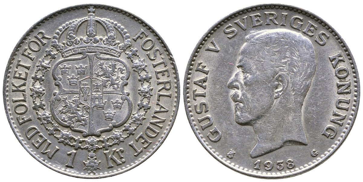 ШВЕЦИЯ 1 КРОНА 1938 G, ГУСТАВ V (1907-1950) KM 786.2 серебро 4178-644