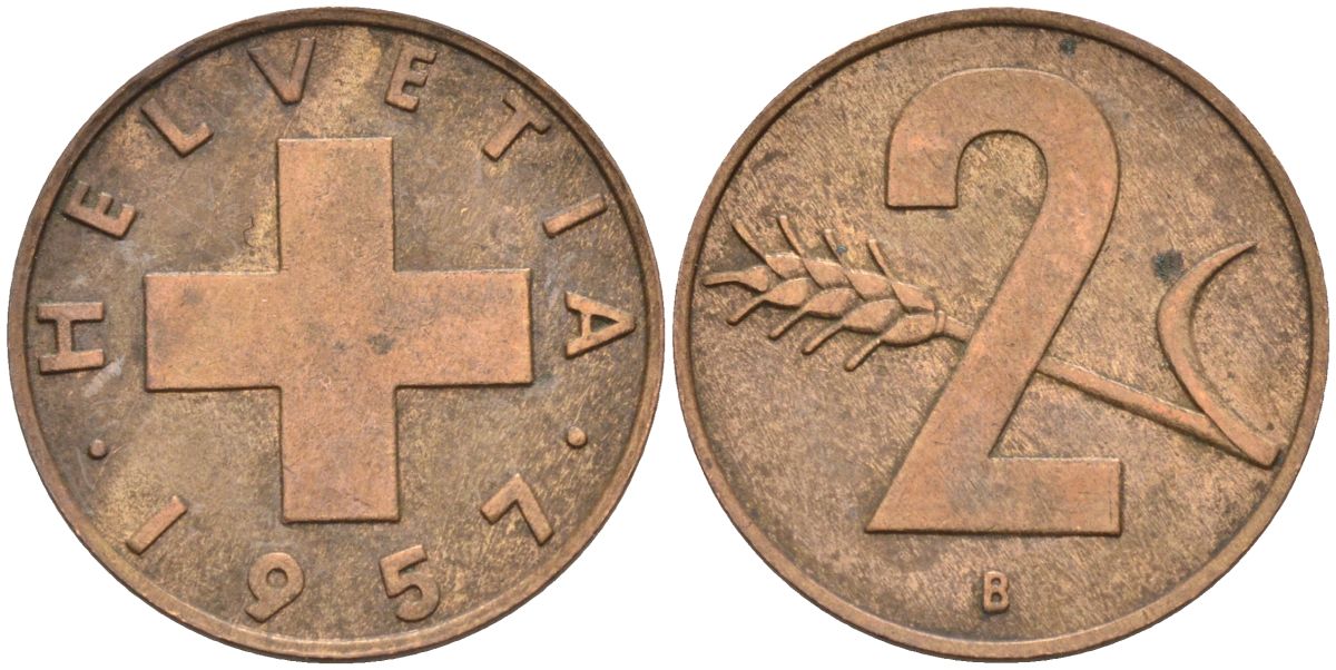 Швейцария 2 раппена 1957 В KM 47 бронза 4591-1211