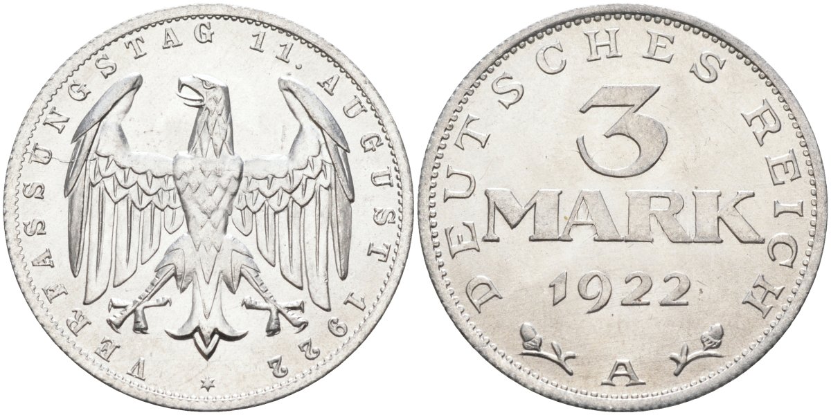 Германия 3 марки 1922 A, третья годовщина Веймарской Конституции KM 29, J.303 алюминий UNC 4587-312