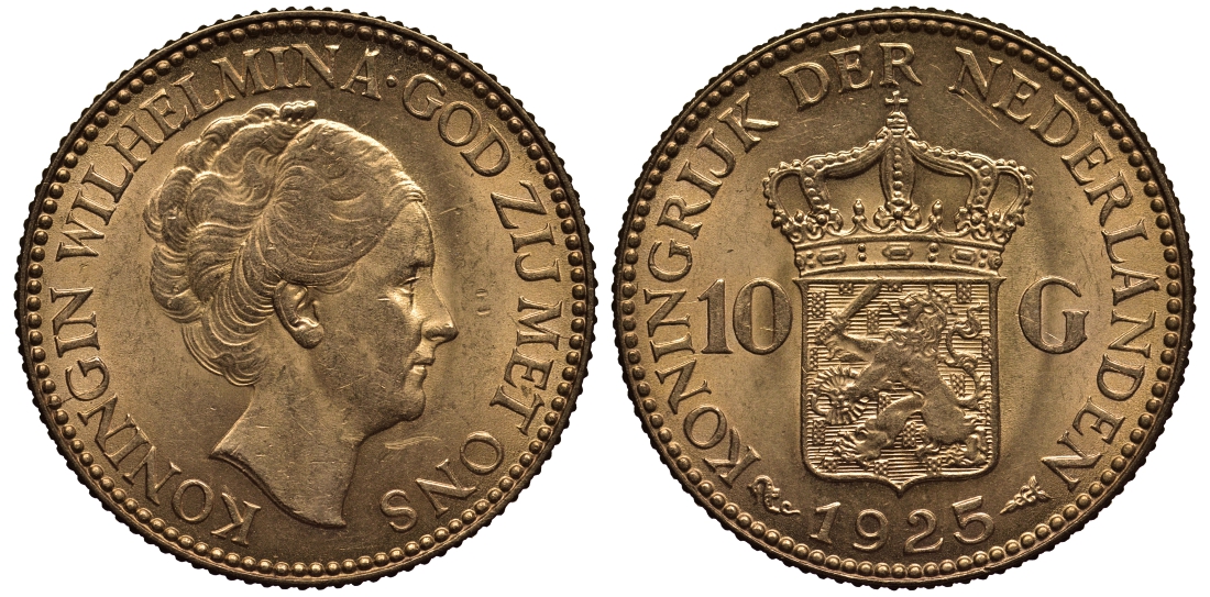 Нидерланды 10 гульденов 1925 Вильгельмина KM 162 золото UNC 00-808-05