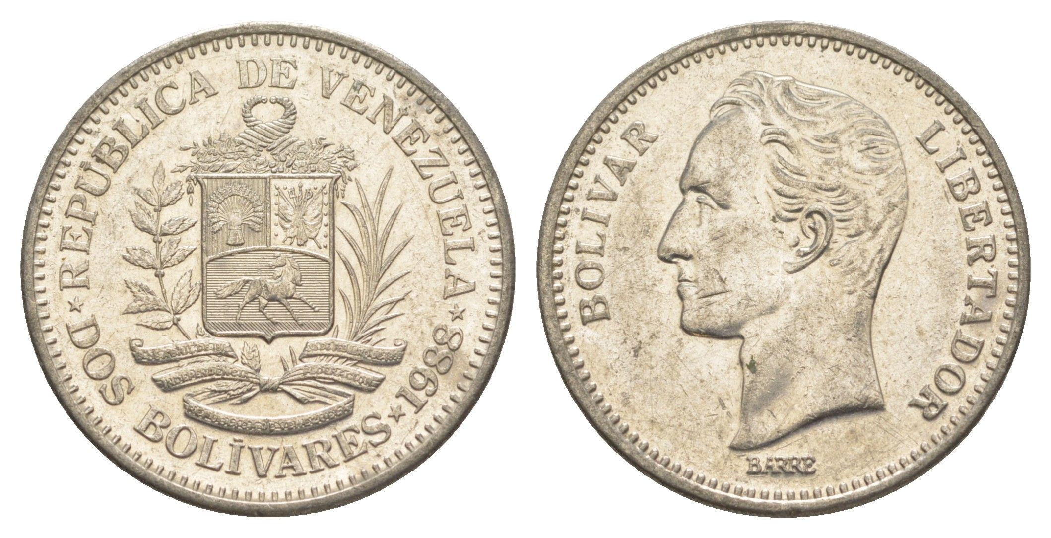 Венесуэла 2 боливара 1988 Симон Боливар Y 43 никель 4599-626