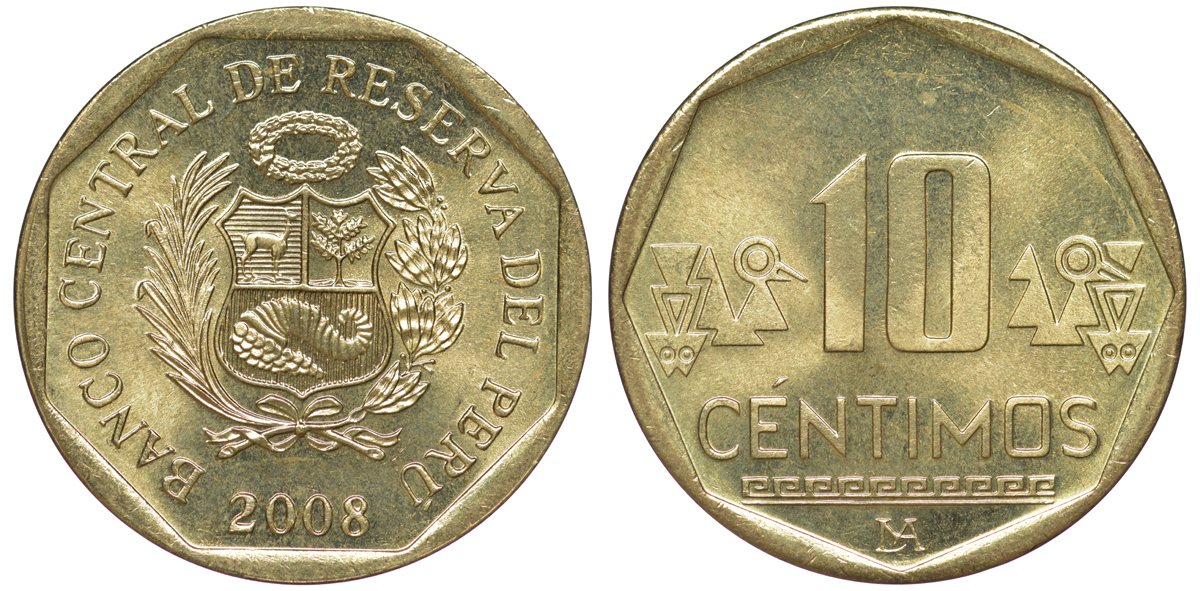 Перу 10 сентимо 2008 KM 305.4 латунь aUNC 4605-551