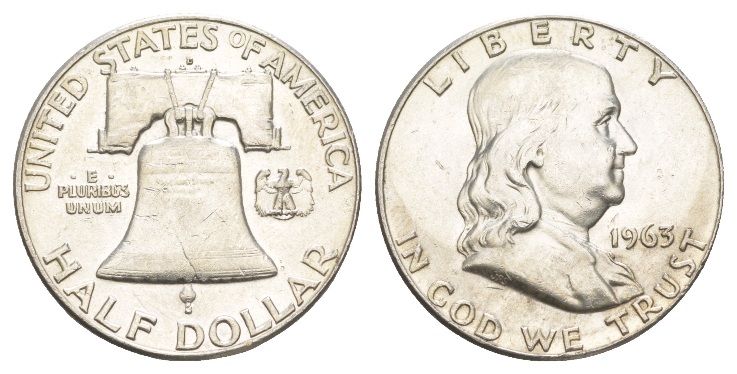 США 1/2 доллара (50 центов) 1963 Бенджамин Франклин, колокол KM 199 серебро  aUNC  4574-1234