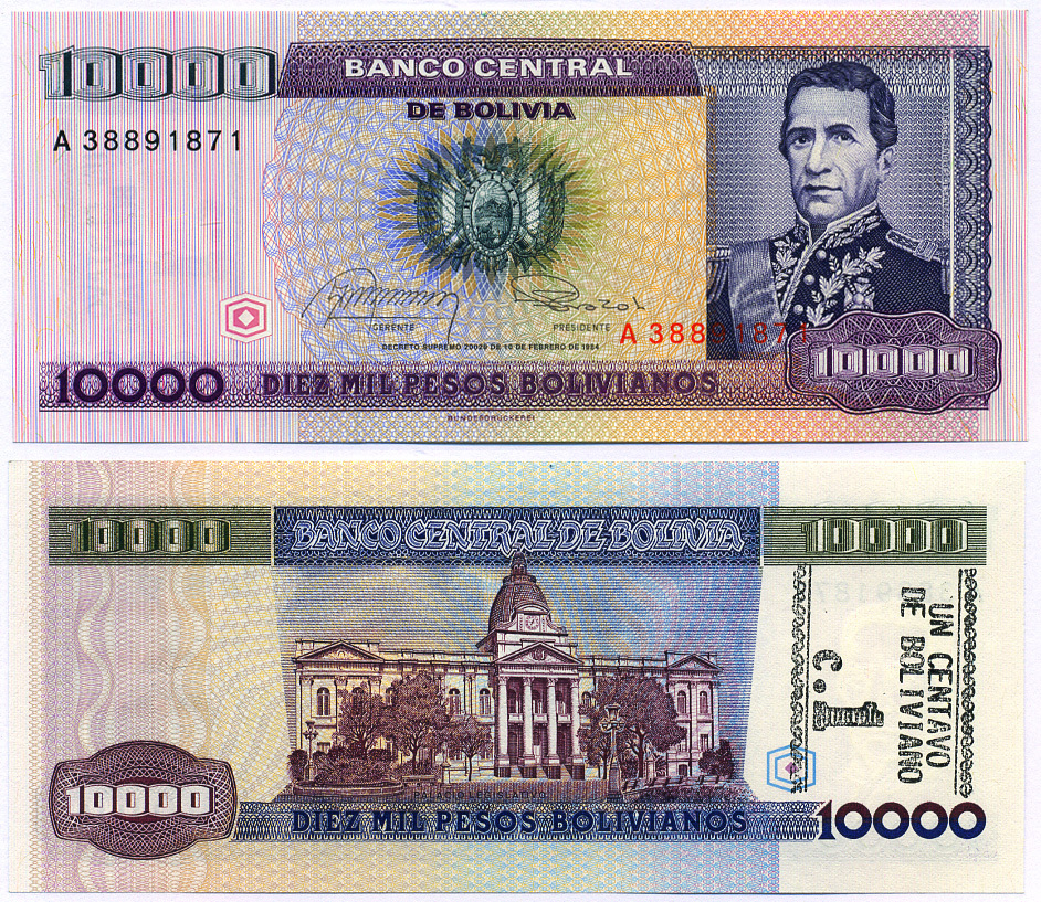 Боливия 1 сентаво 1987 надпечатка на 10000 боливиано, Андрес де Санта-Крус, BDDK Pick 195 бумага UNC (пресс) 8564-43-2
