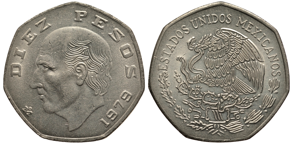 МЕКСИКА 10 ПЕСО 1979 МАНУЭЛЬ ХИДАЛЬГО КАСТИЛЬЯ KM 477.2 медно-никель VF+ 215-1011