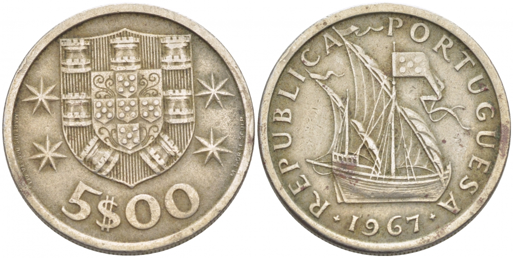 ПОРТУГАЛИЯ 5 ЭСКУДО 1967ПАРУСНИК KM 591 медно-никель 3718-454