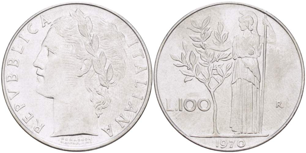 ИТАЛИЯ 100 ЛИР 1970 R, АФИНА, ДИАМЕТР 28 ММ. KM 96.1 нержавеющая сталь 4512-1024