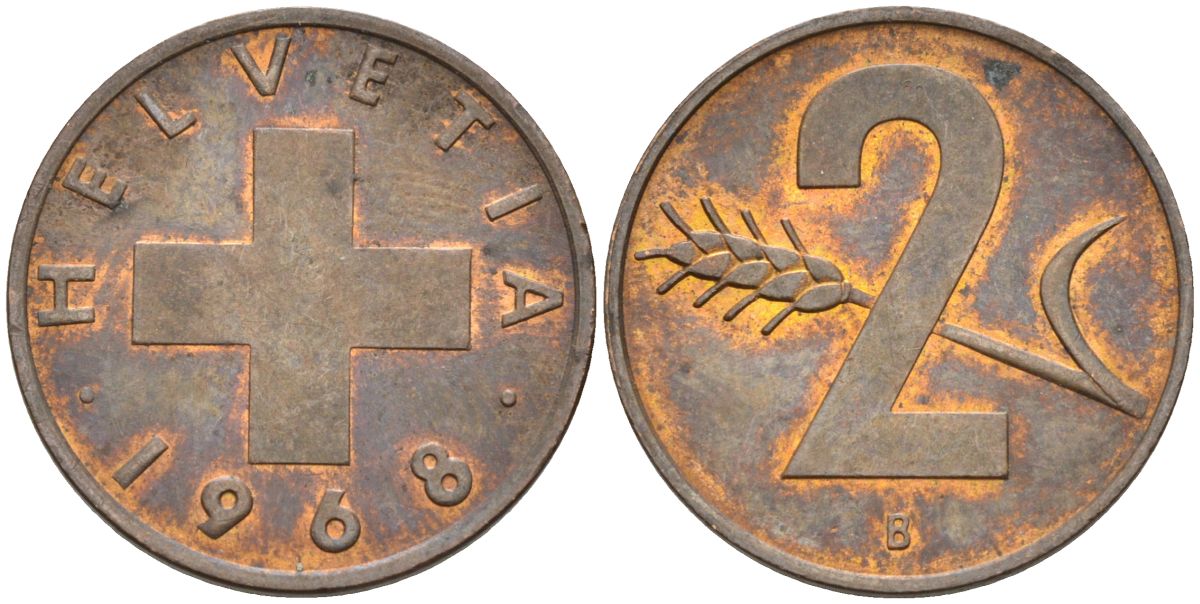 Швейцария 2 раппена 1968 В KM 47 бронза 4582-1156