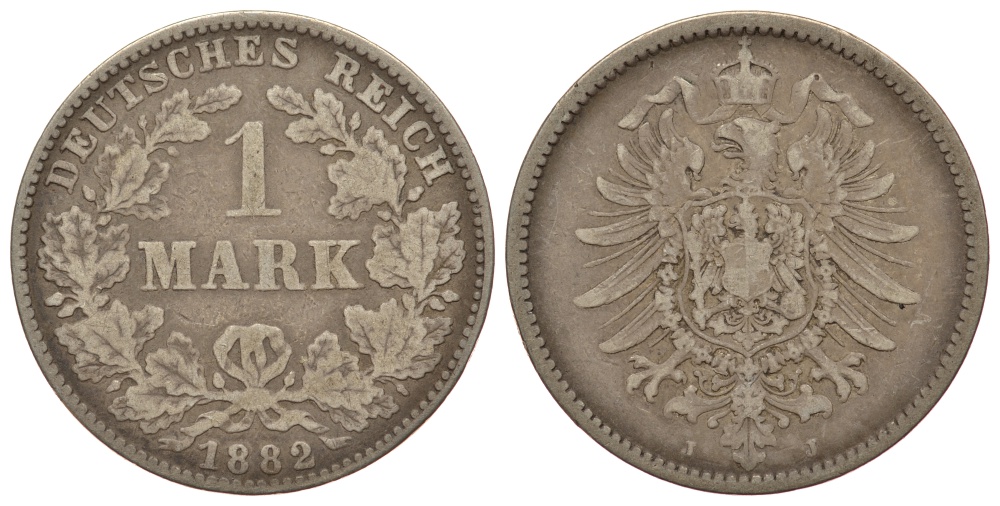 Германия 1 марка 1882 J Weege 17, J. 9, KM 7 серебро 413-1522
