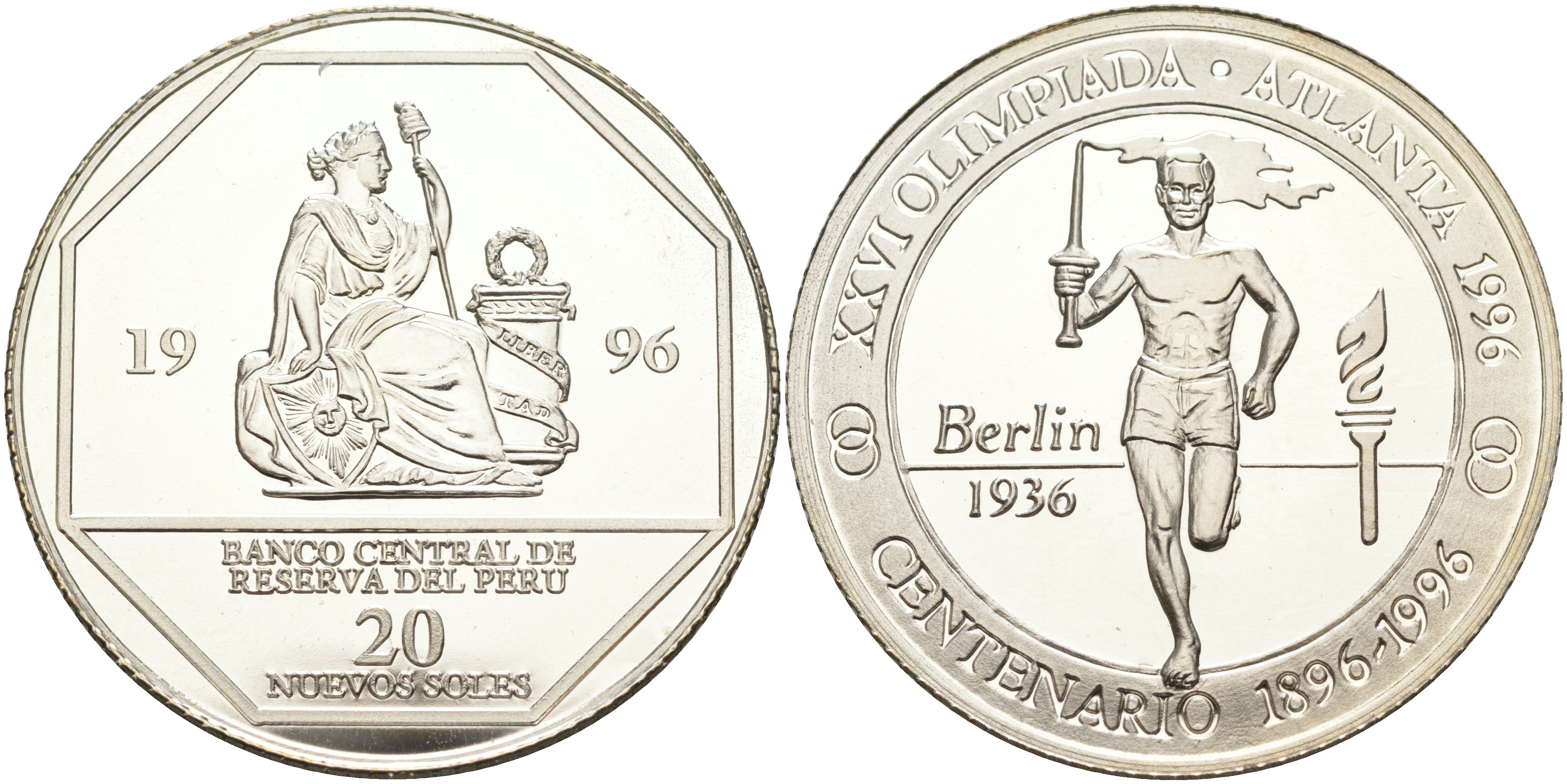 Перу 20 солей 1996 XXVI Олимпийские игры 1996 года в Атланте, 100 лет Олимпийскому движению, олимпийский огонь, пробник, гладкий гурт серебро PROOF 00-000-00