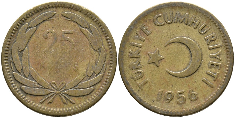 ТУРЦИЯ 25 КУРУШЕЙ 1956 KM 886 латунь 4541-352