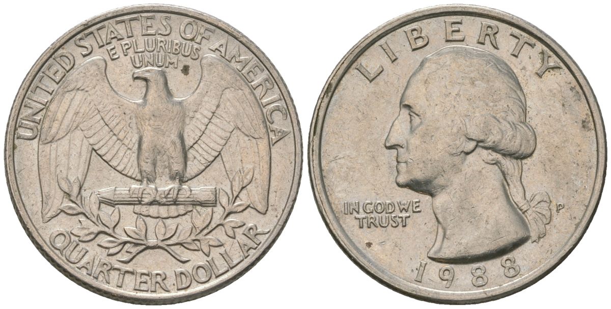 США 25 центов = квотер 1988 P, Вашингтон KM 164a медь плакированная медно-никелем 4595-1245