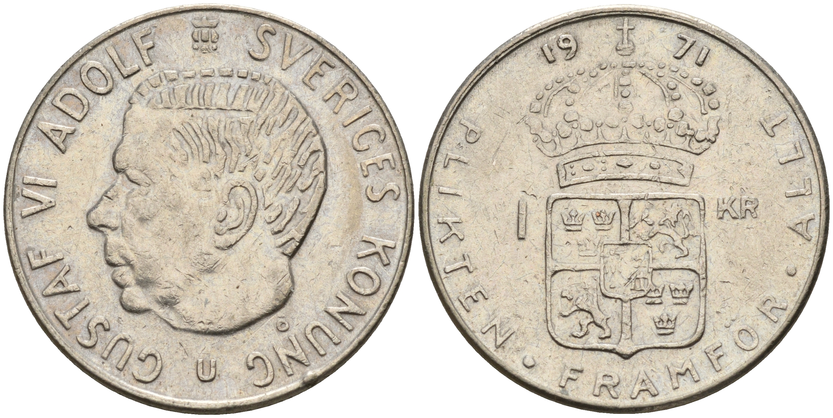 Швеция 1 крона 1971 U, Густав VI Адольф (1950-1973) KM 826а медь плакированная медно-никелем 4161-637