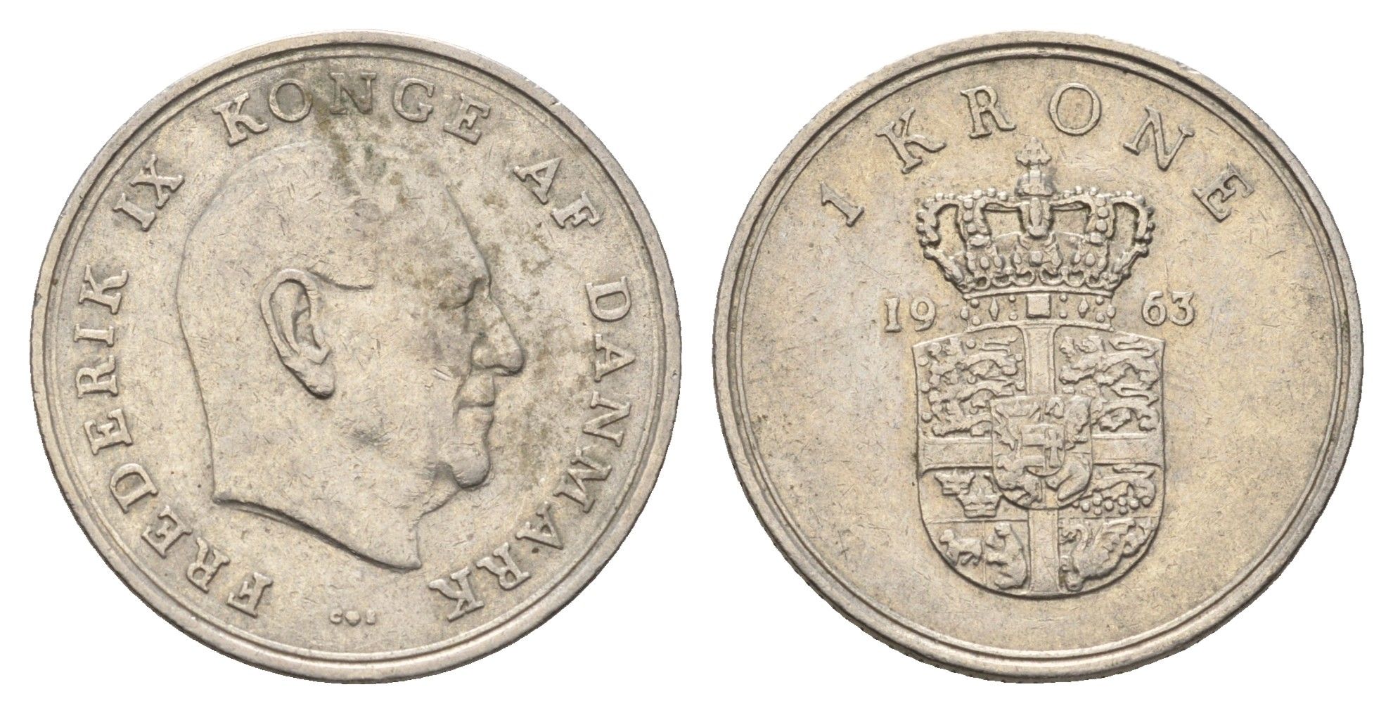 Дания 1 крона 1963 C; S, Фредерик IX (1947-1972) KM 851 медно-никель 4391-222