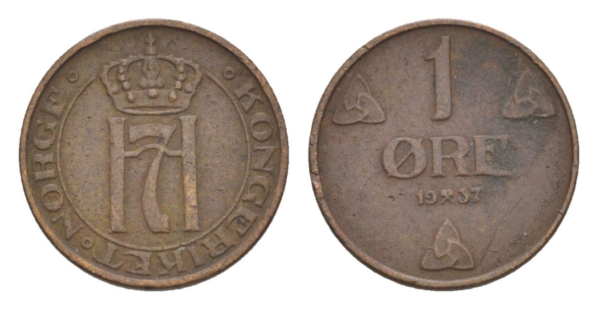 Норвегия 1 эре 1937 Хокон VII (1905-1957) KM 367 бронза 4632-1047