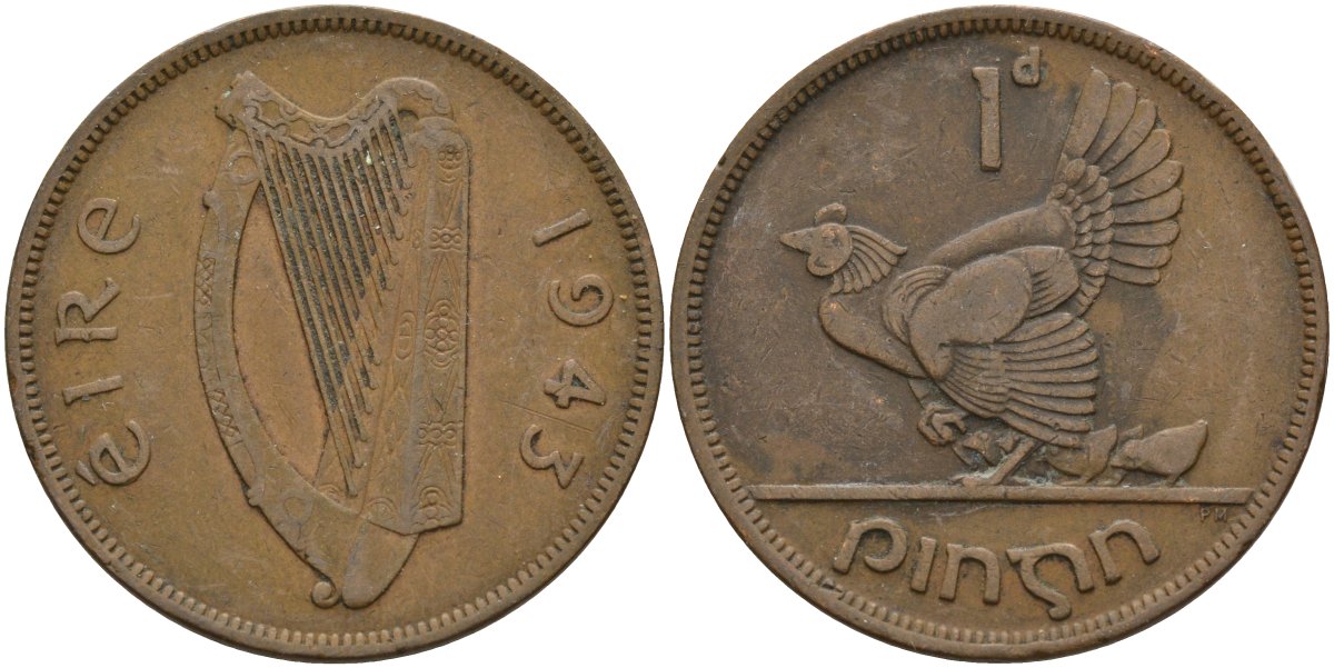 Ирландия 1 пенни 1943 курица с цыплятами KM 11 бронза 4144-1141