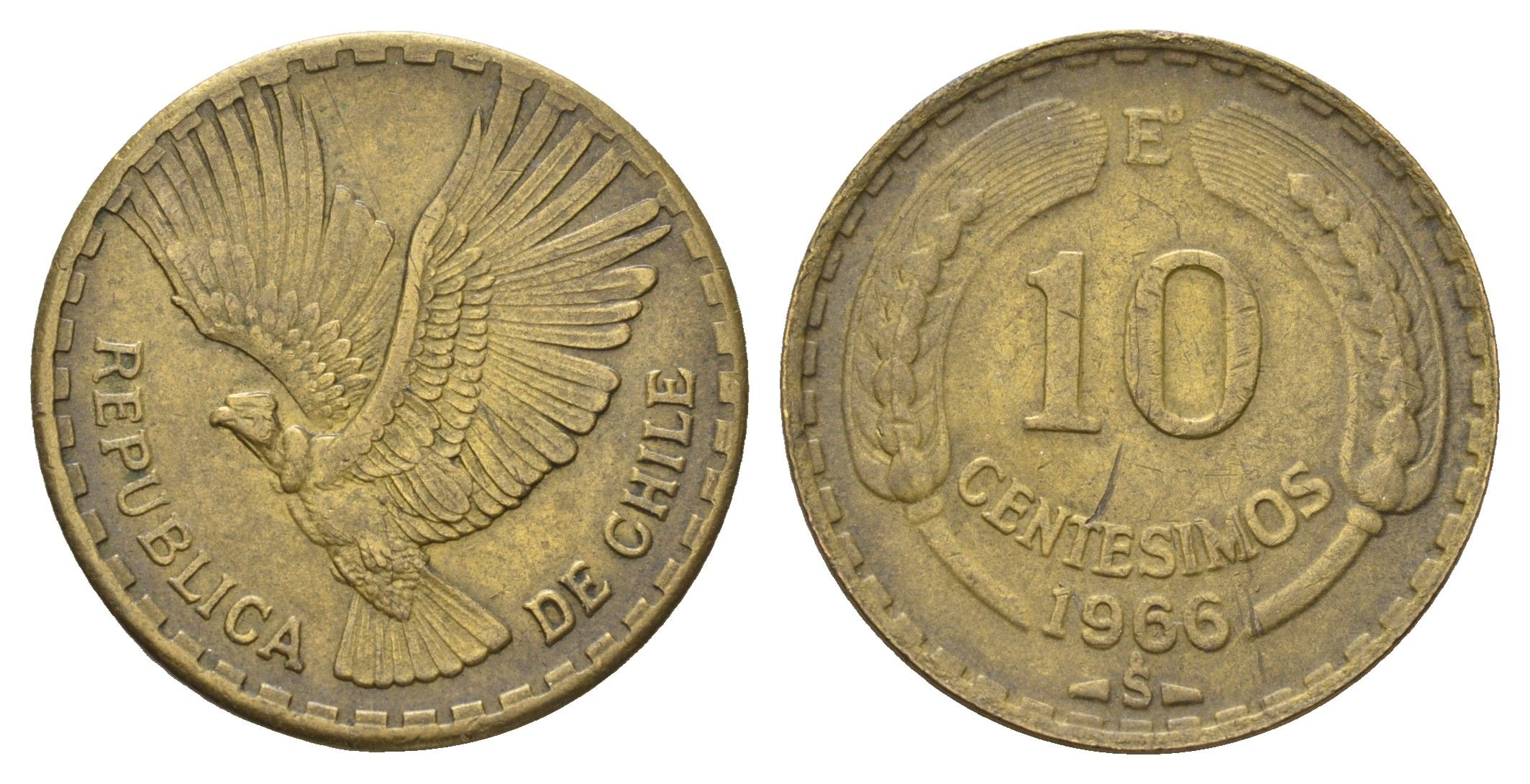 Чили 10 сентесимо 1966 KM 191 алюминиевая бронза 4688-313
