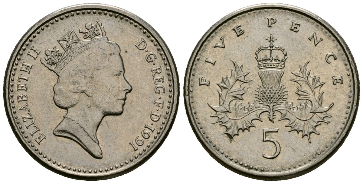 Великобритания 5 пенсов 1991 Елизавета II (1952-2022) KM 937b, Spink 4372 (D4) медно-никель 4173-1241