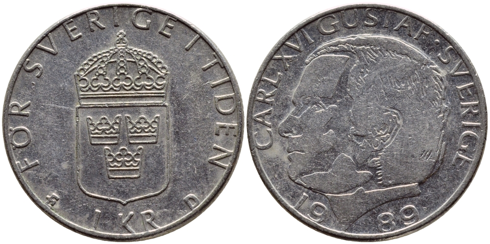 Швеция 1 крона 1989 Карл XVI Густав (1973- ) KM 852a медно-никель 4397-1254