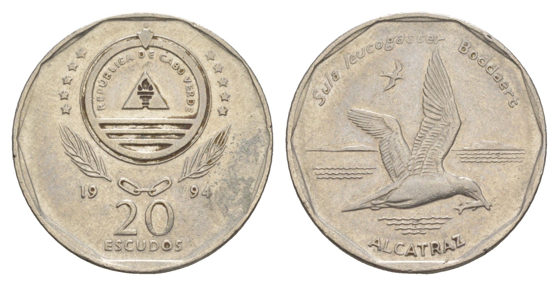 Кабо-Верде 20 эскудо 1994 Птицы - Бурая олуша (sula leucogaster) KM 30 сталь плакированная никелем 4641-1227