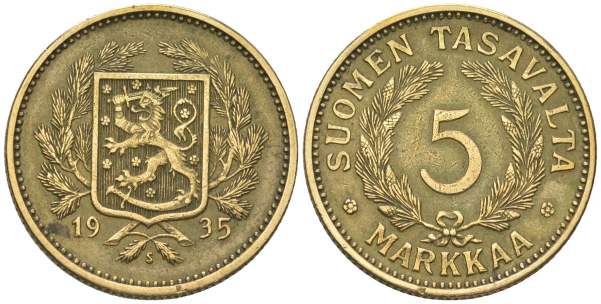 Финляндия 5 марок 1935 S, редкий год, тираж 440.000 KM 31 алюминиевая бронза 4589-1222