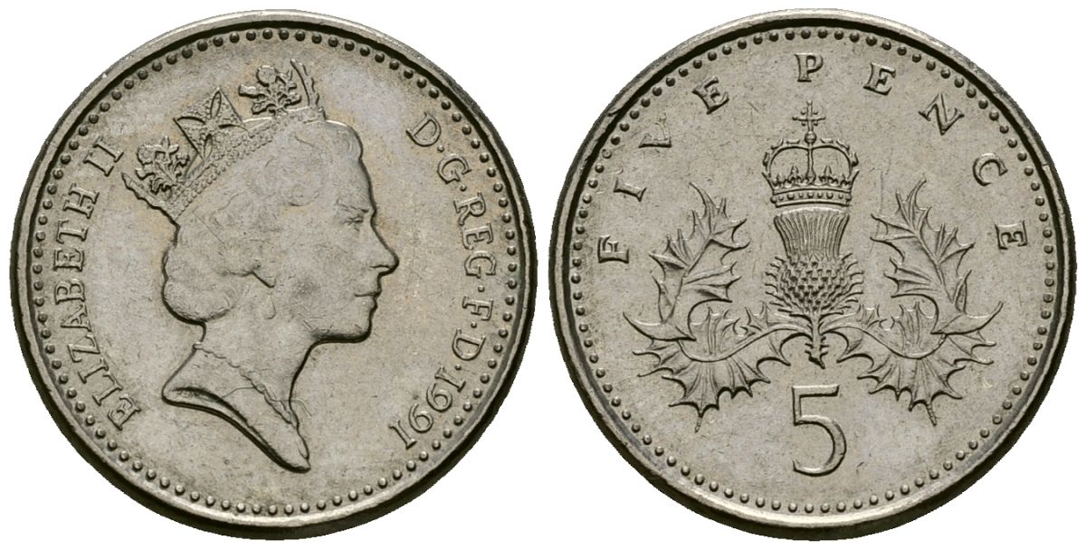 Великобритания 5 пенсов 1991 Елизавета II (1952-2022) KM 937b, Spink 4372 (D4) медно-никель 4173-1243