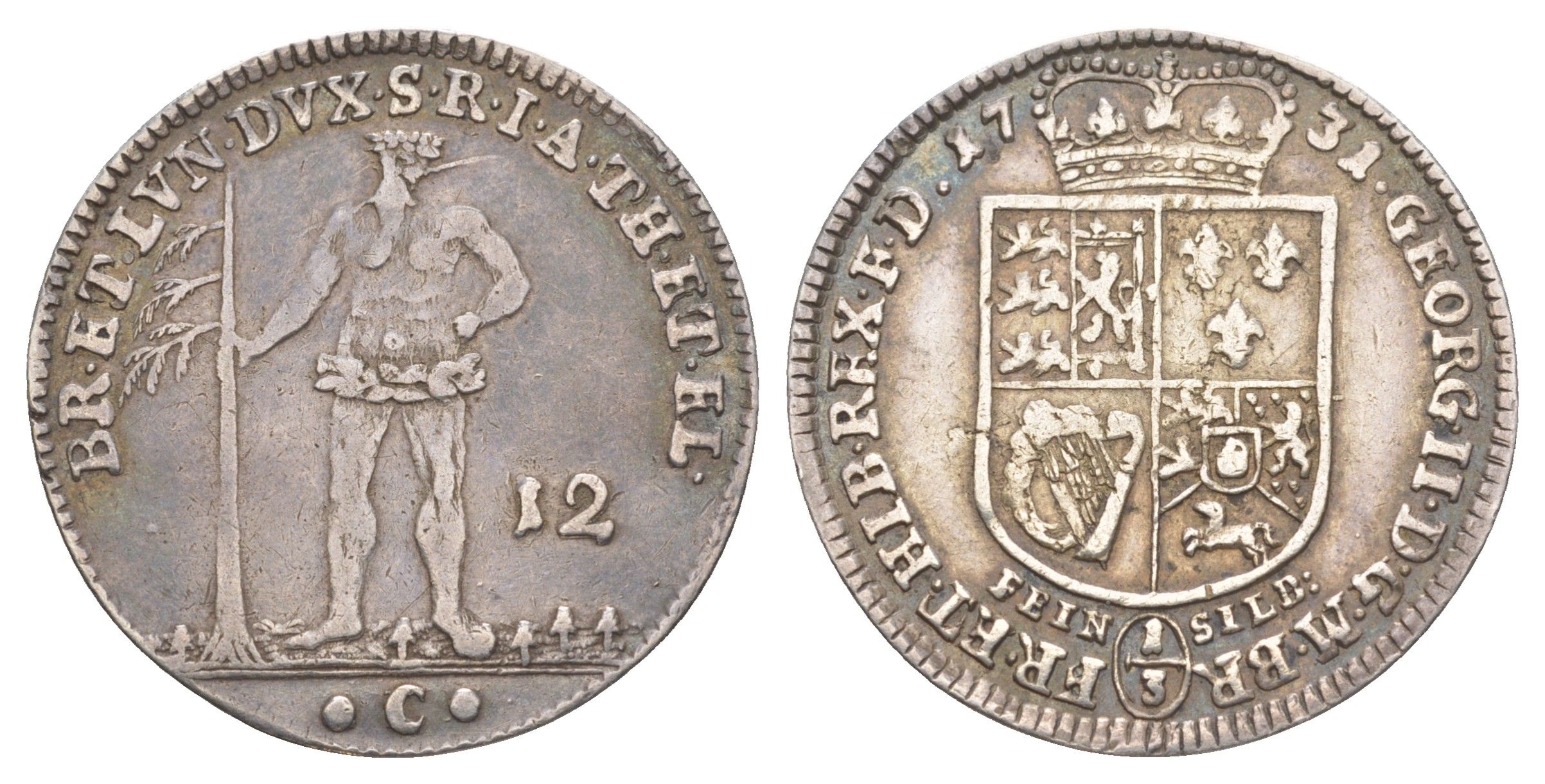 Брауншвейг-Каленберг-Ганновер 12 мариенгрошей (1/3 талера) 1731 C, дикарь, Георг II (1727-1760), из коллекции Ричарда Б. Смита Smith 123, Welter 2559 серебро 1525-1015