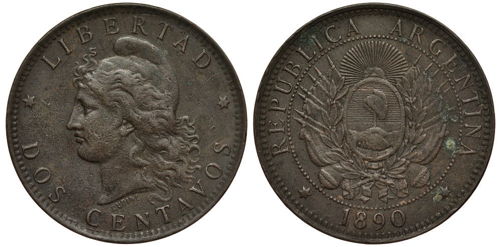 Аргентина 2 сентаво 1890 голова свободы влево KM 8 бронза 272-444