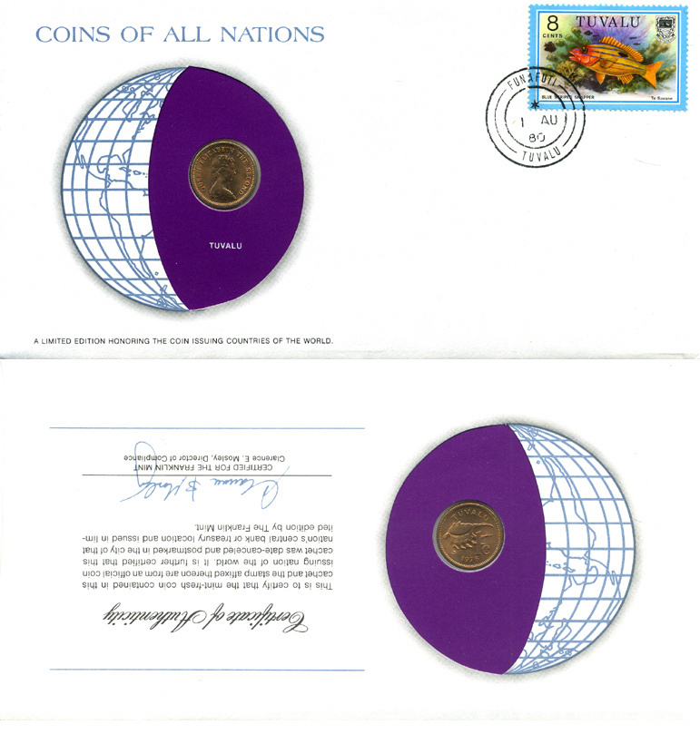 ТУВАЛУ 1 ЦЕНТ 1976 КОНВЕРТ С МАРКОЙ ПЕРВОГО ДНЯ ГАШЕНИЯ, COINS OF NATIONS KM 1 бронза UNC 4294-66-2