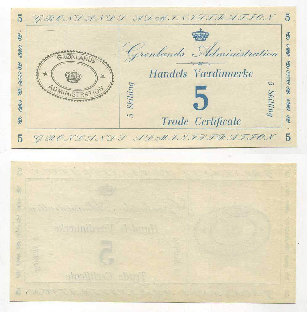 Гренландия 5 скиллингов 1942 торговый сертификат Pick M9 бумага UNC (пресс) 451-258-2