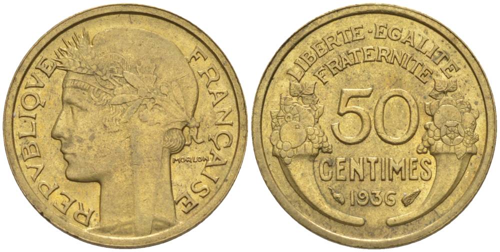 ФРАНЦИЯ 50 САНТИМОВ 1936 ТИП MORLON KM 894.1, LE FRANC 192.12 алюминиевая бронза 44-739
