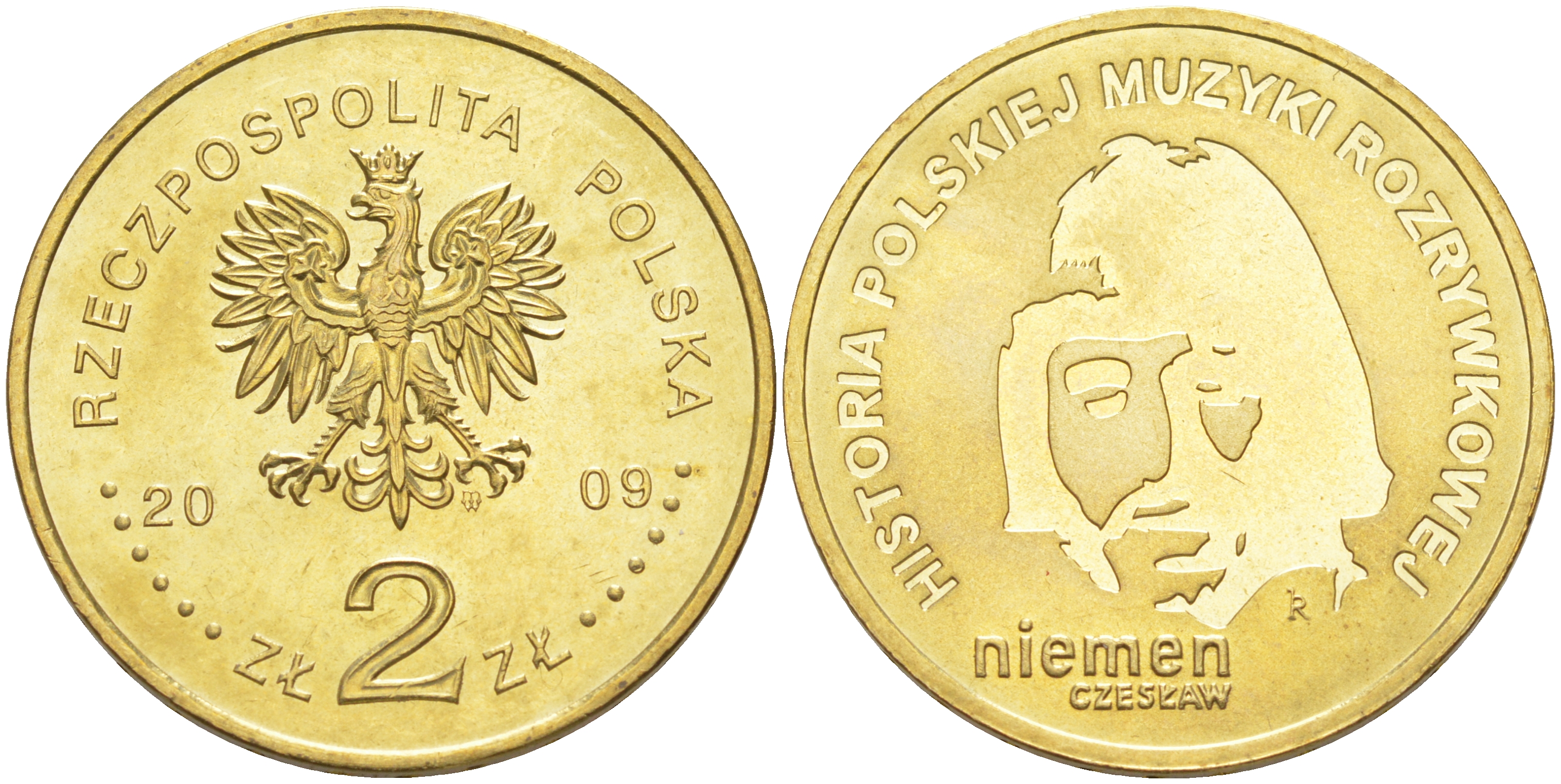 Польша 2 злотых 2009 MW, серия история польской музыки, Чеслав Немен KM 684 латунь UNC 4114-126