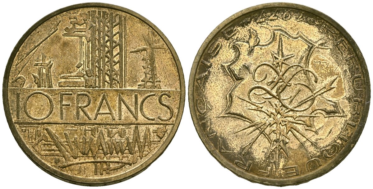Франция 10 франков 1977 тип Матье KM 940, Le Franc 365.9-10 никель латунь 4168-1036