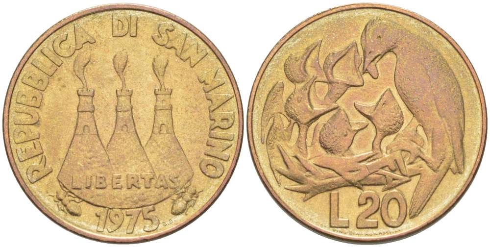 Сан-Марино 20 лир 1975 FAO, птица в гнезде KM 44 алюминиевая бронза 4519-636