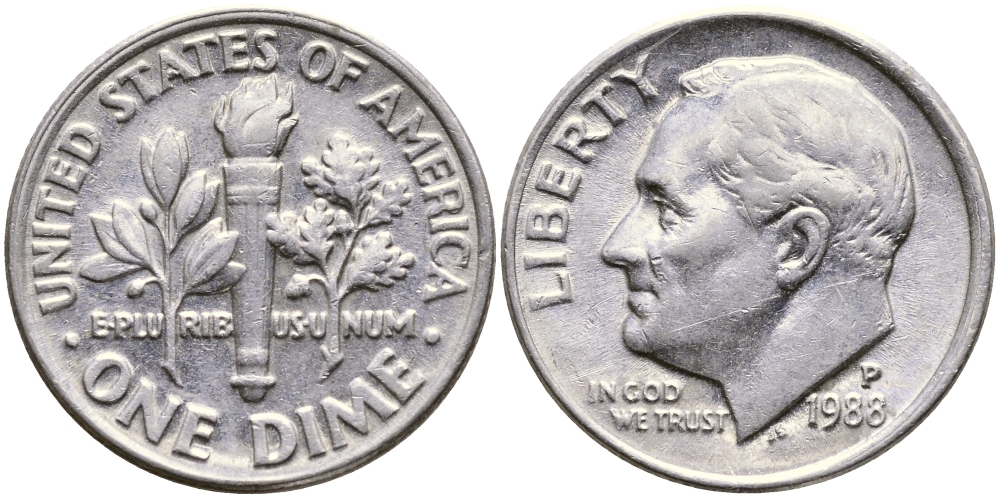 США 10 ЦЕНТОВ = 1 ДАЙМ 1988 P, РУЗВЕЛЬТ KM 195а медь плакированная медно-никелем 46-2424