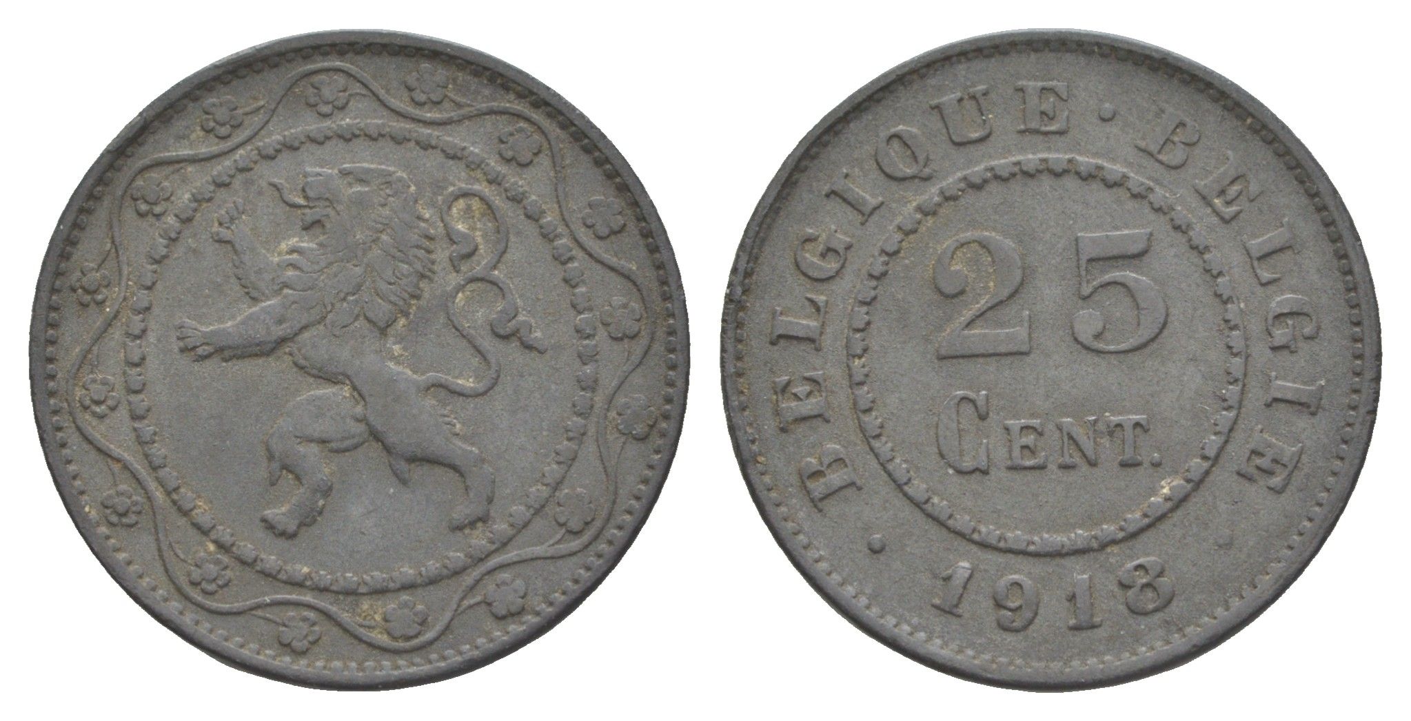 Бельгия 25 сантимов 1918 германская оккупация Первая мировая война, Альберт I (1909-1934) KM 82 цинк 4156-1026
