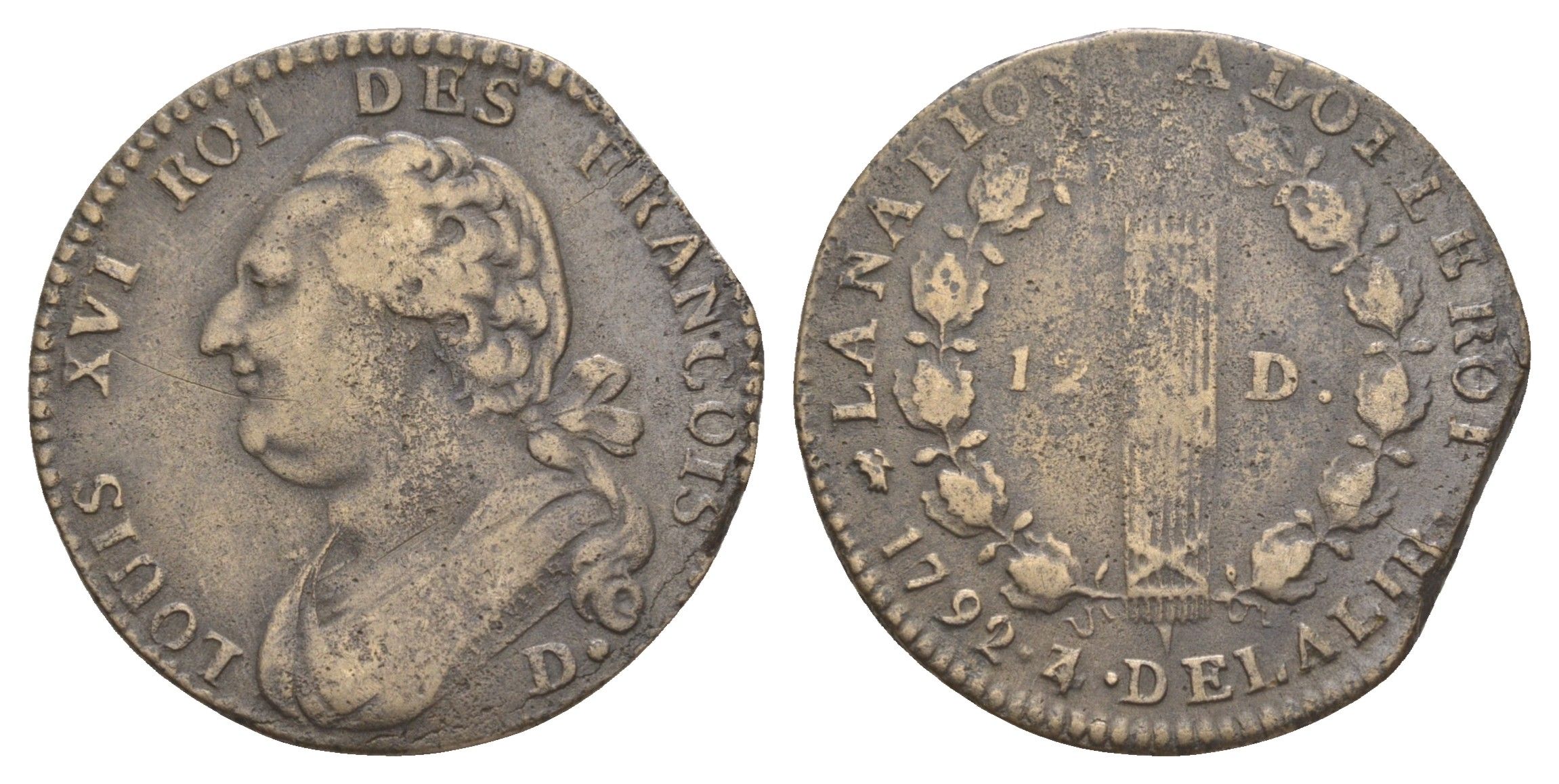 Франция 12 денье 1792 D, Людовик XVI (1774-1792) KM 600 бронза 5010-411