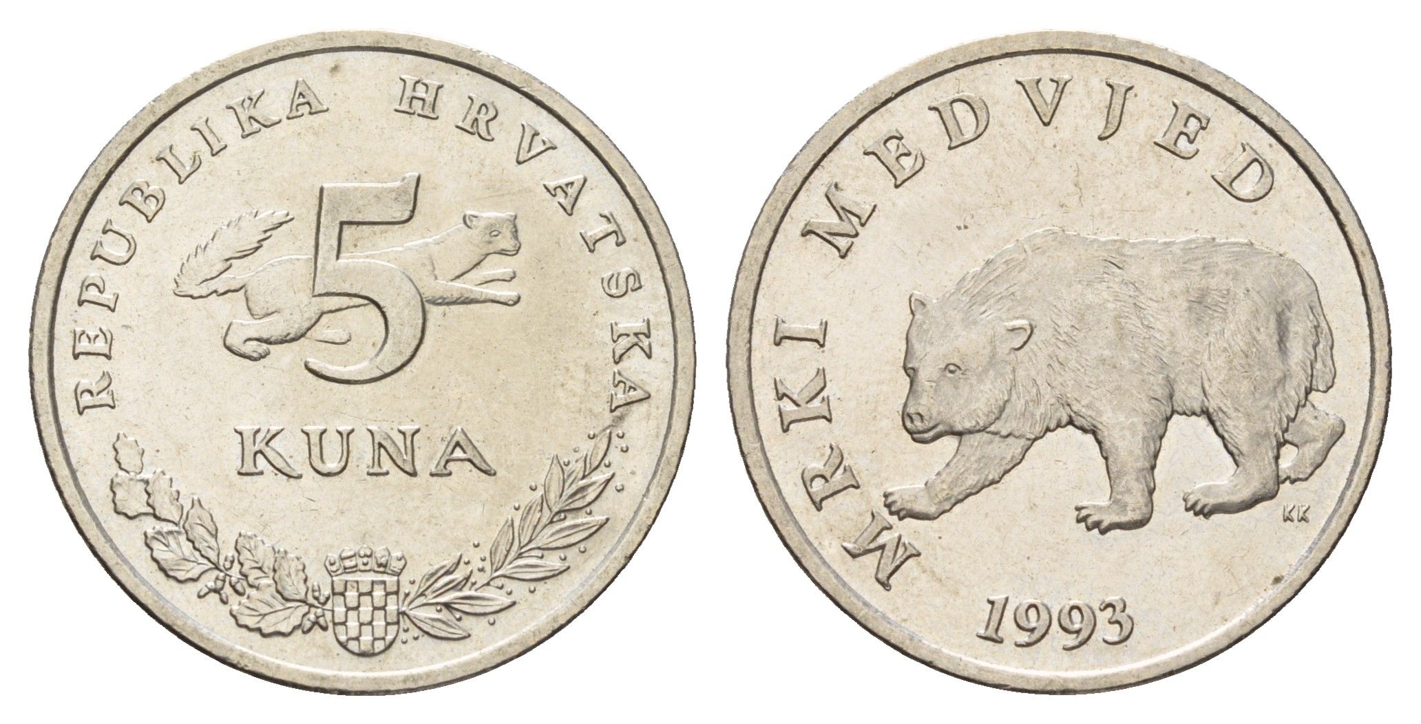 Хорватия 5 кун 1993 бурый медведь, легенда на хорватском KM 11 медь цинк никель aUNC 3459-942