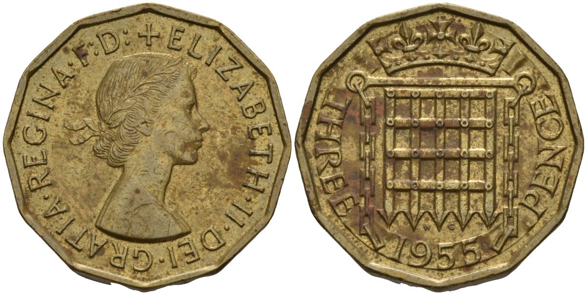 Великобритания 3 пенса 1955 Елизавета II (1952-2022) KM 900, Spink 4153 никель латунь 4153-733