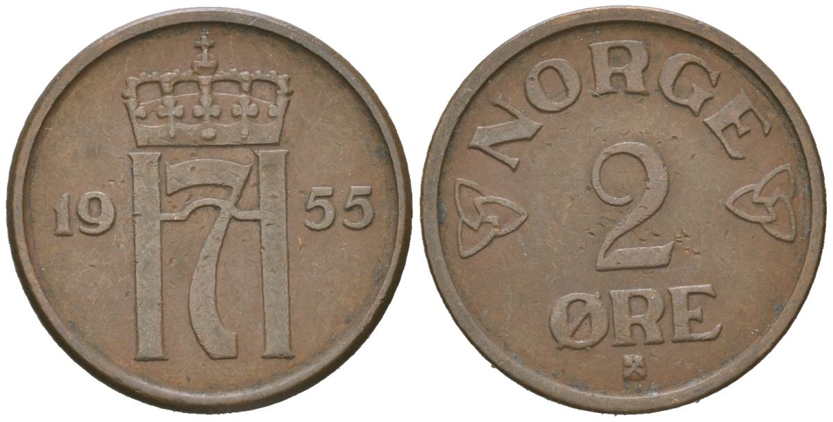 Норвегия 2 эре 1955 Хокон VII (1905-1957) KM 399 бронза 3955-166